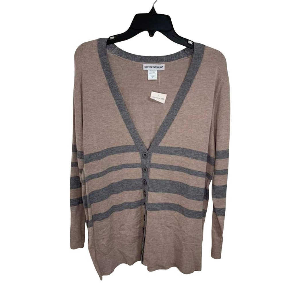 Cotton Emporium‎ Brown Grey Striped Buttoned Cardigan Size Medium NEW